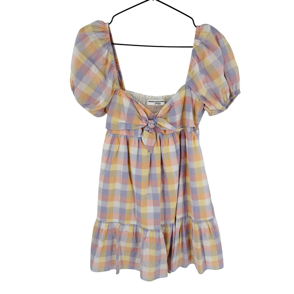 Amanda Uprichard Pastel Gingham Mini Dress Size XS Puff Sleeve Cottage Picnic